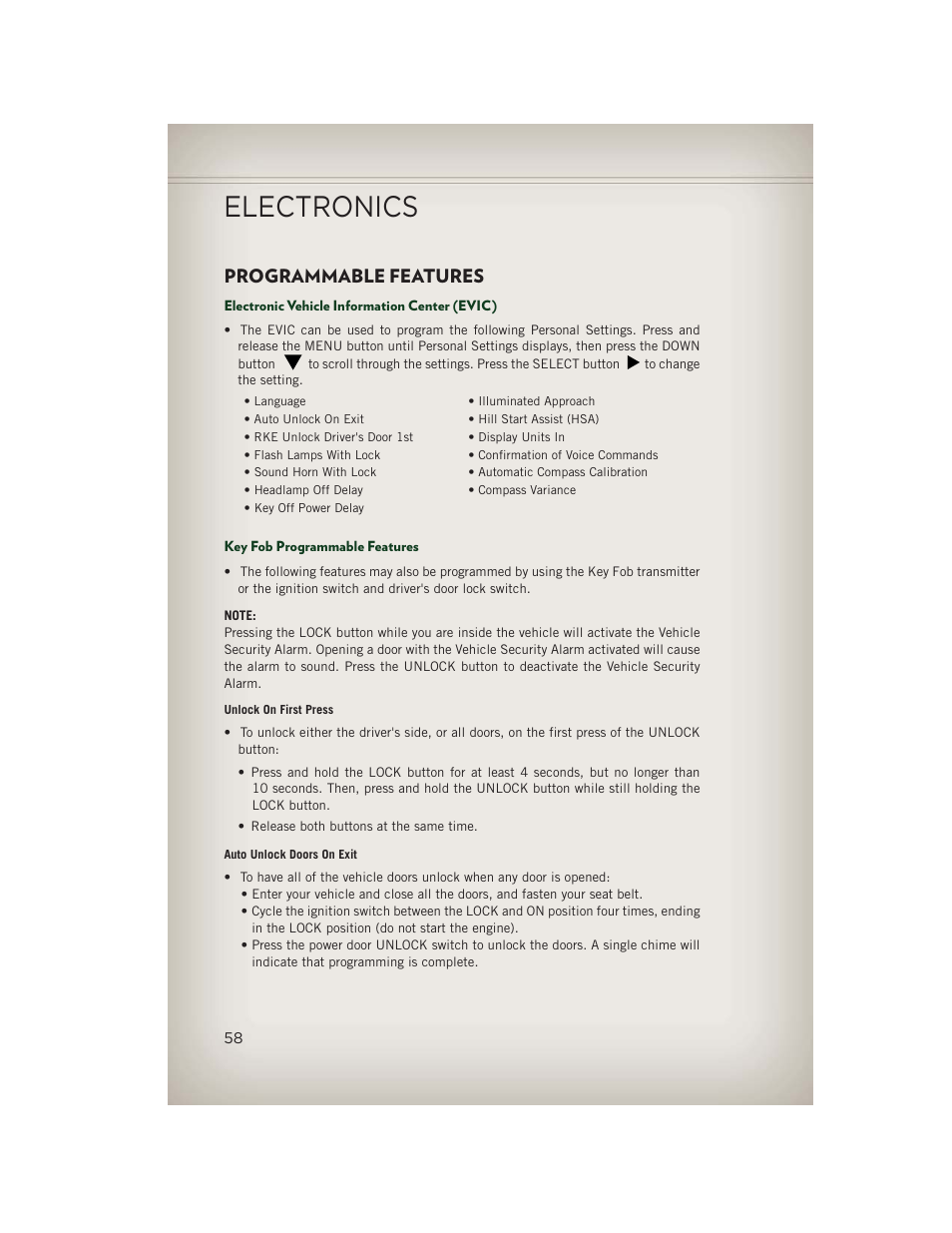 Programmable features, Electronic vehicle information center (evic), Key fob programmable features | Electronics | Jeep 2013 Patriot - User Guide User Manual | Page 60 / 108