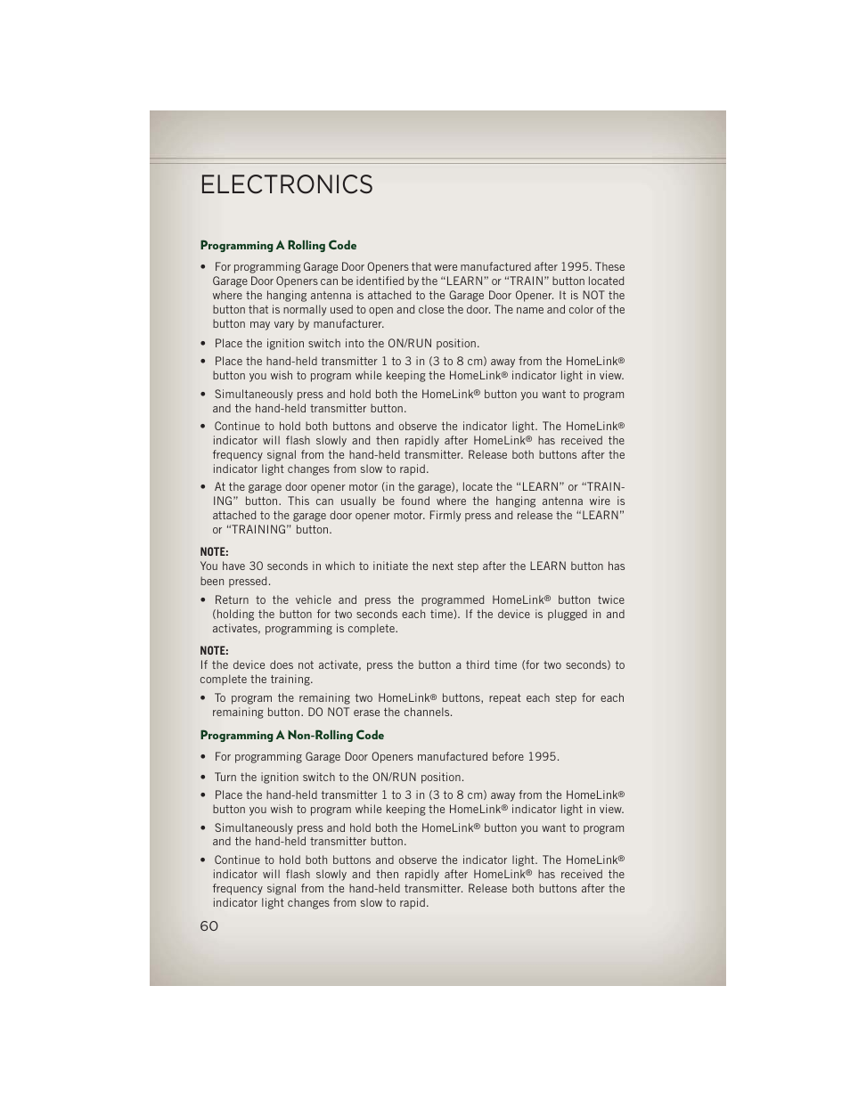 Programming a rolling code, Programming a non-rolling code, Electronics | Jeep 2013 Patriot - User Guide User Manual | Page 62 / 108
