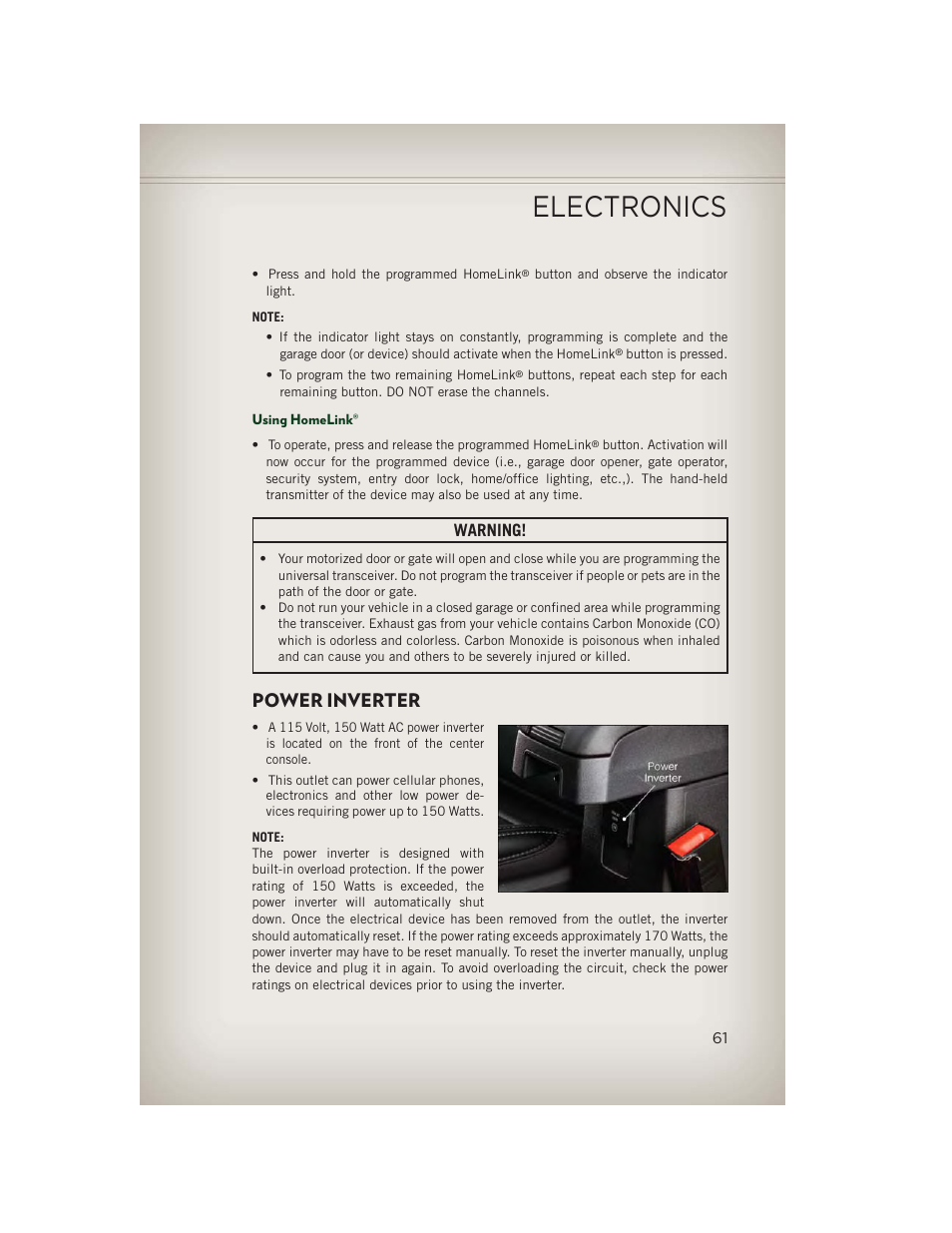 Using homelink, Power inverter, Electronics | Warning | Jeep 2013 Patriot - User Guide User Manual | Page 63 / 108