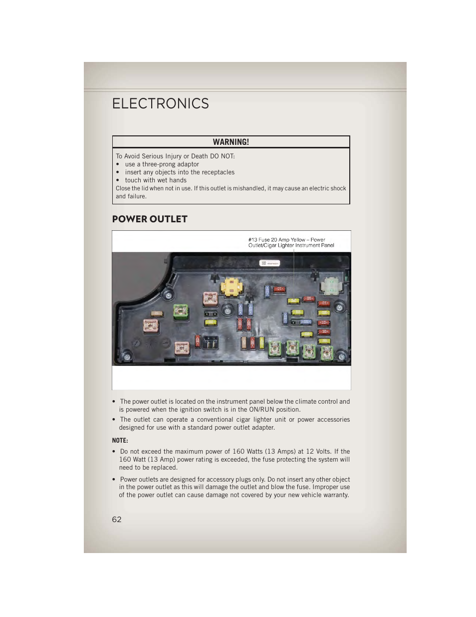 Power outlet, Electronics | Jeep 2013 Patriot - User Guide User Manual | Page 64 / 108