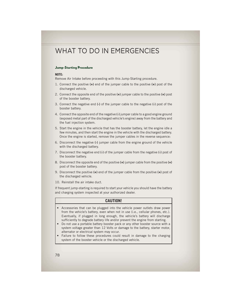 Jump-starting procedure, What to do in emergencies | Jeep 2013 Patriot - User Guide User Manual | Page 80 / 108