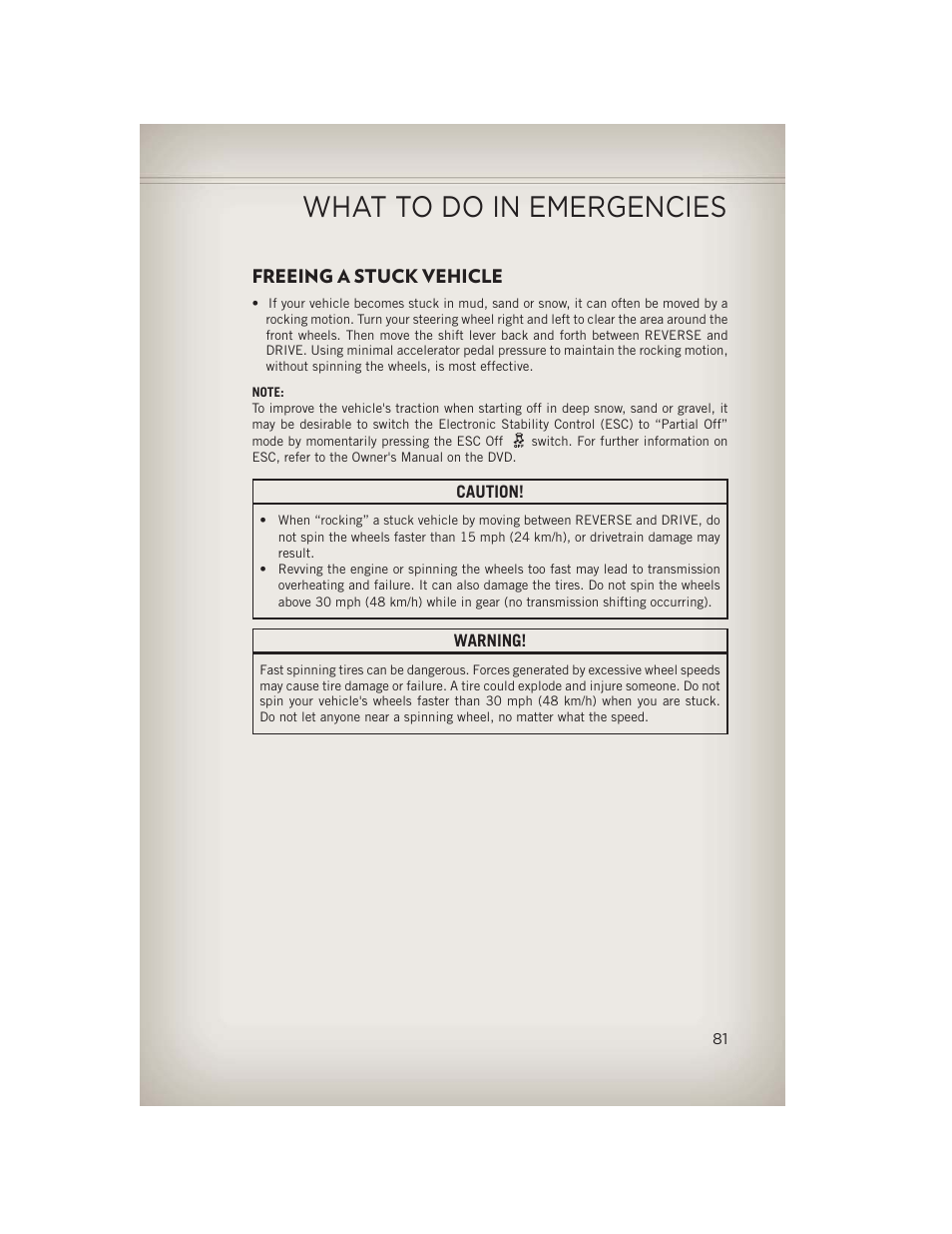 Freeing a stuck vehicle, What to do in emergencies | Jeep 2013 Patriot - User Guide User Manual | Page 83 / 108