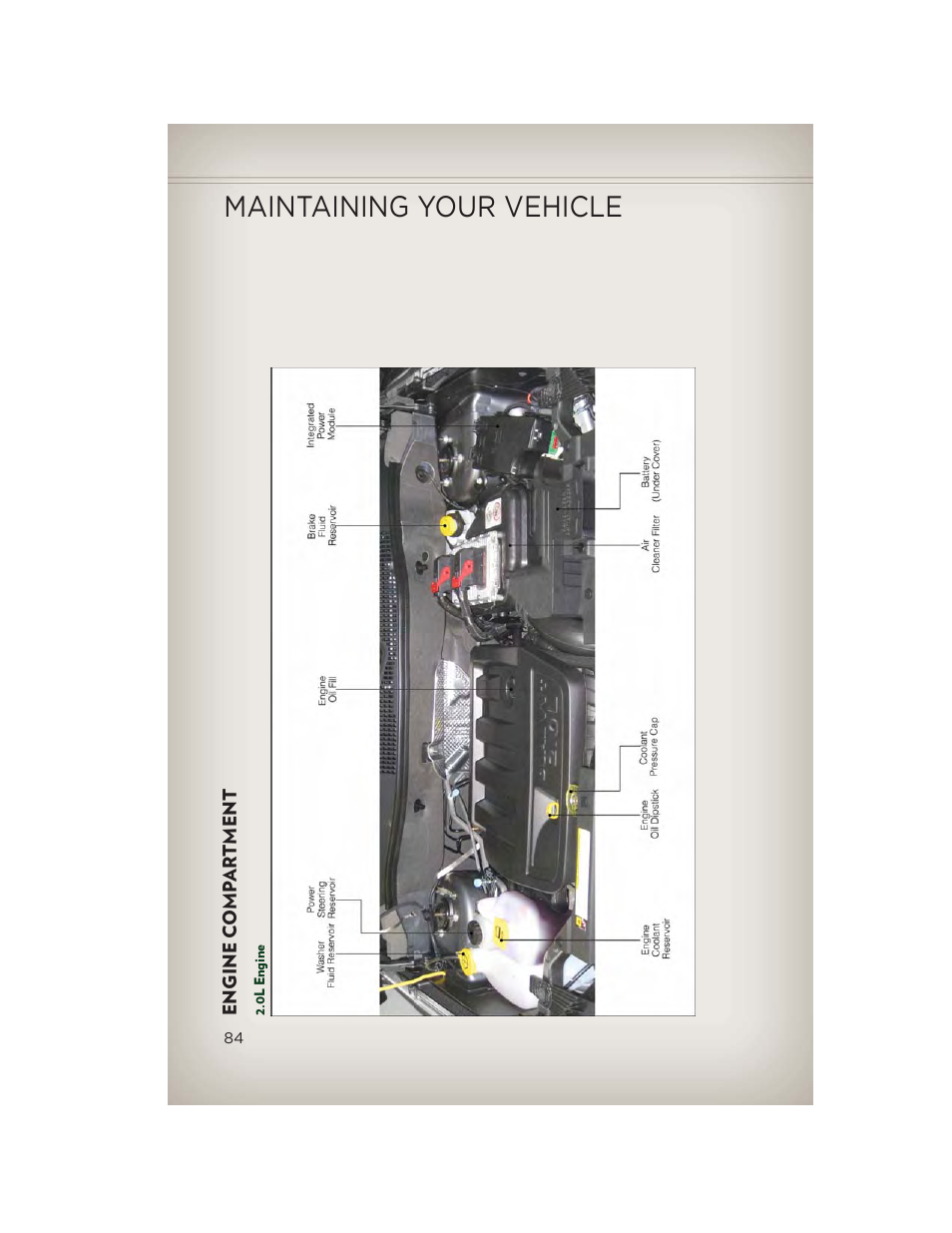 Engine compartment, 0l engine, Maintaining your vehicle | Jeep 2013 Patriot - User Guide User Manual | Page 86 / 108