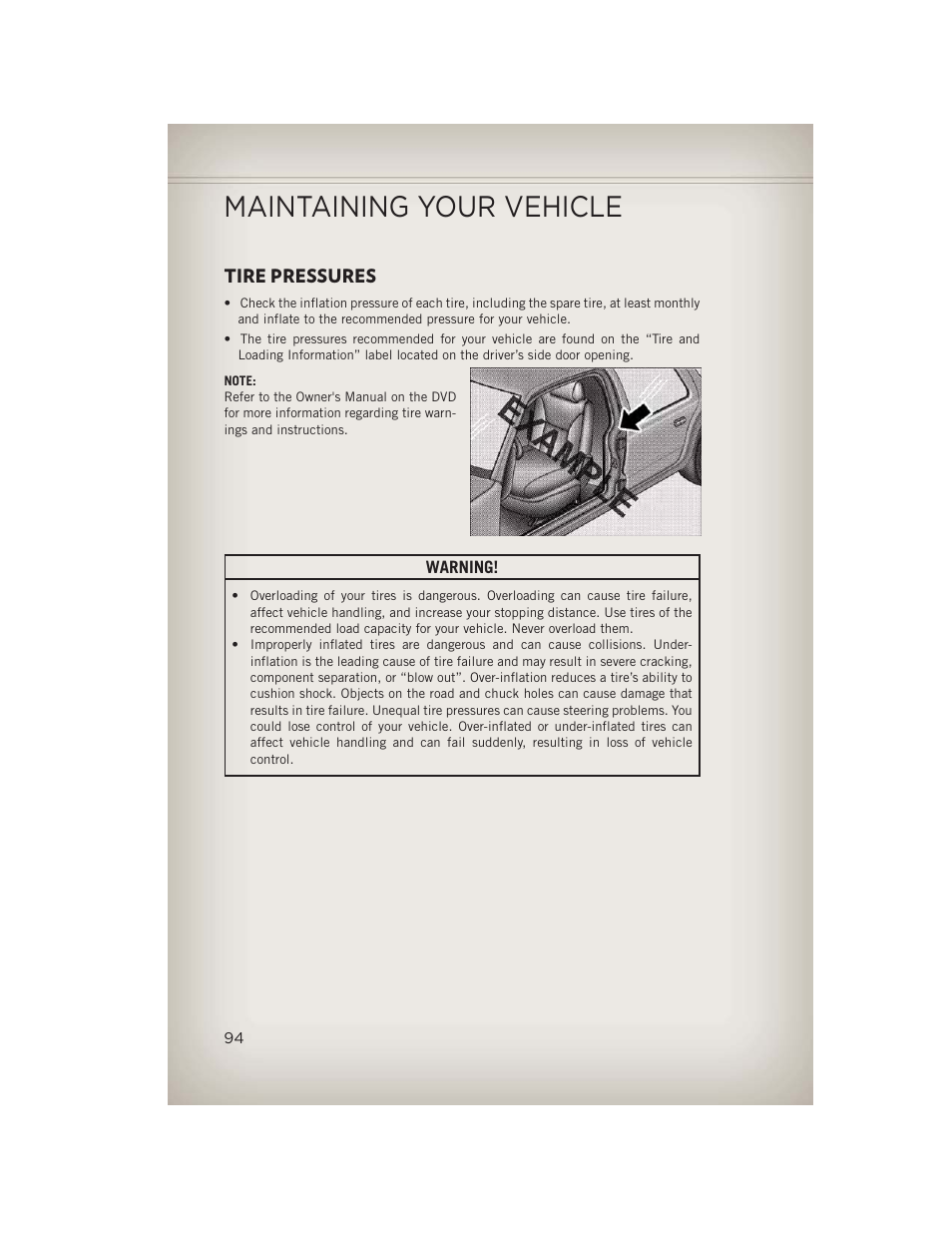 Tire pressures, Maintaining your vehicle | Jeep 2013 Patriot - User Guide User Manual | Page 96 / 108