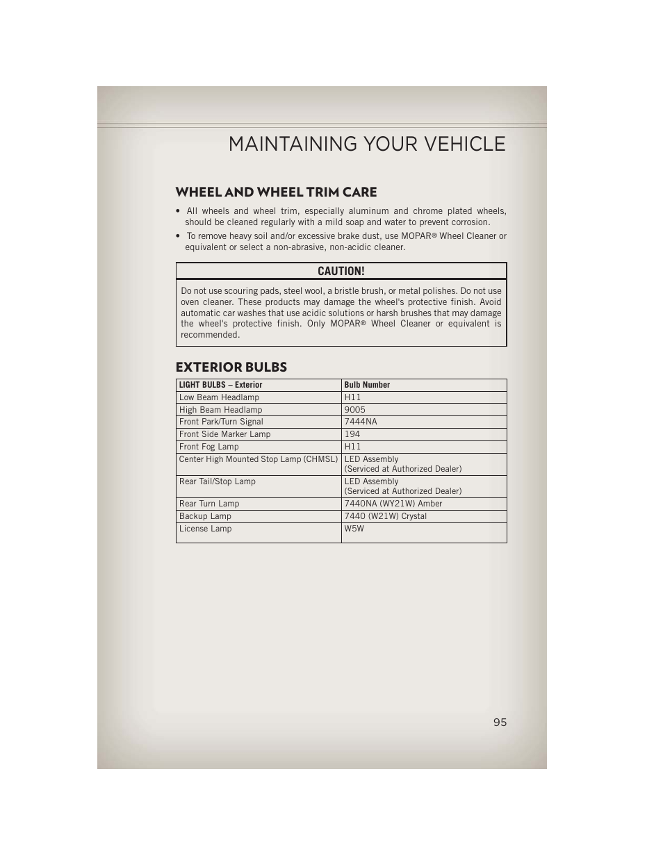 Wheel and wheel trim care, Exterior bulbs, Maintaining your vehicle | Caution | Jeep 2013 Patriot - User Guide User Manual | Page 97 / 108