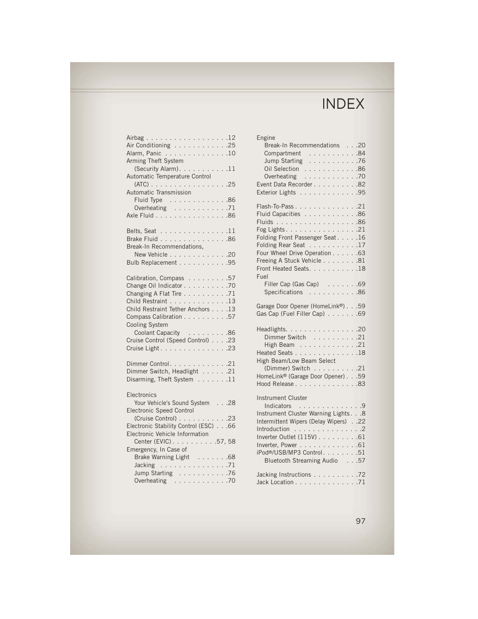 Index | Jeep 2013 Patriot - User Guide User Manual | Page 99 / 108