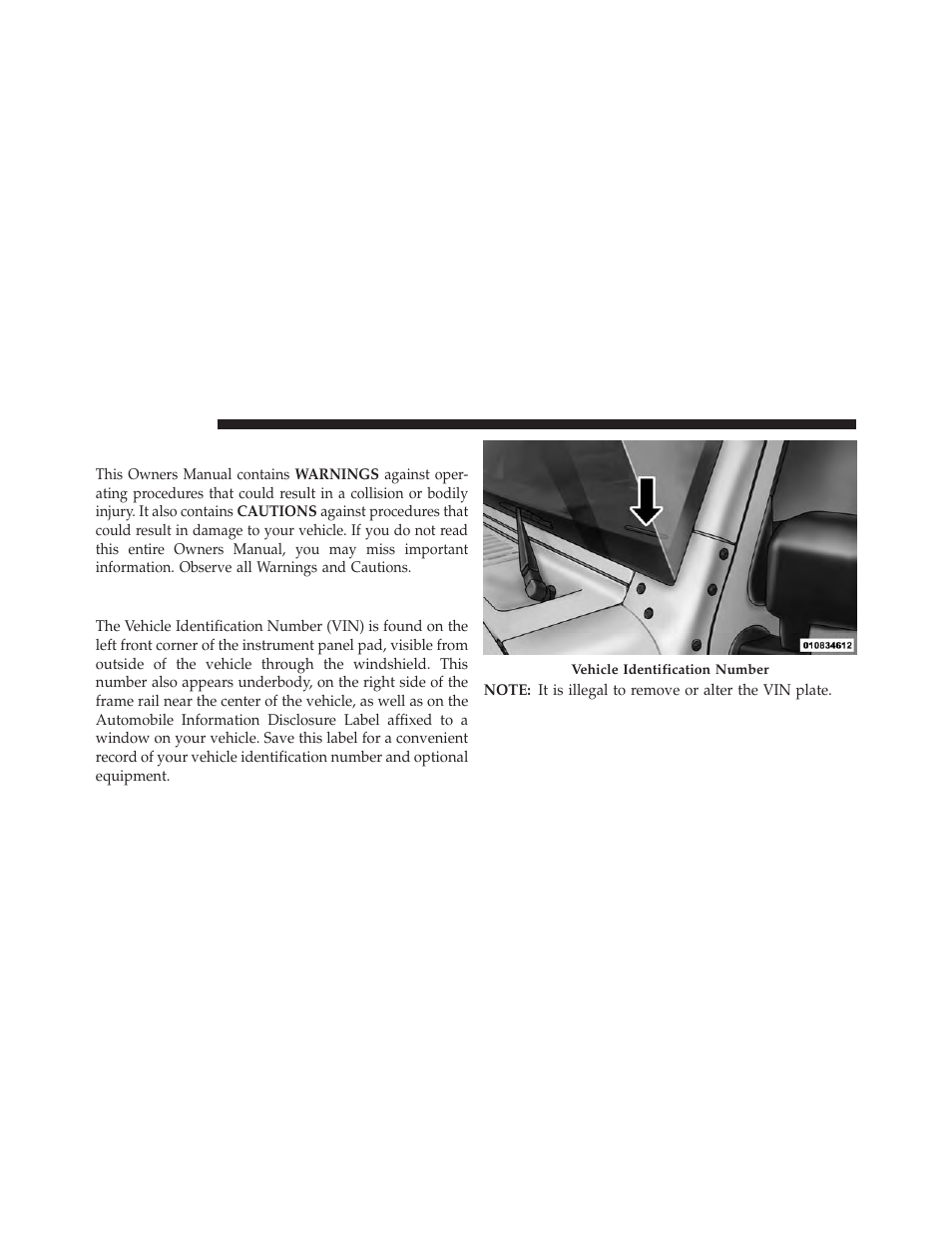 Warnings and cautions, Vehicle identification number | Jeep 2013 Wrangler - Owner Manual User Manual | Page 10 / 666