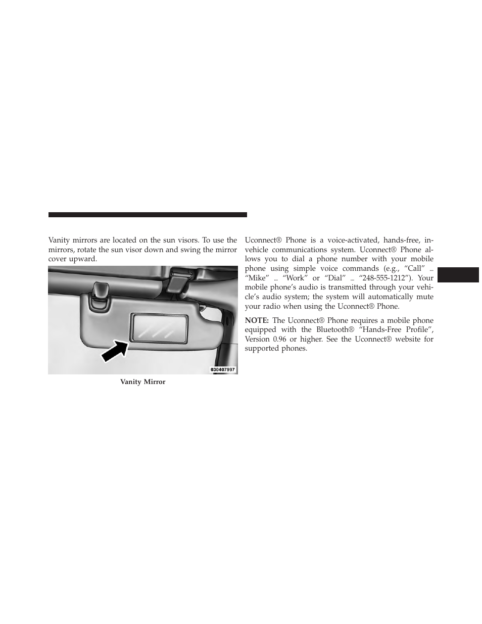 Vanity mirrors, Uconnect® phone — if equipped | Jeep 2013 Wrangler - Owner Manual User Manual | Page 117 / 666