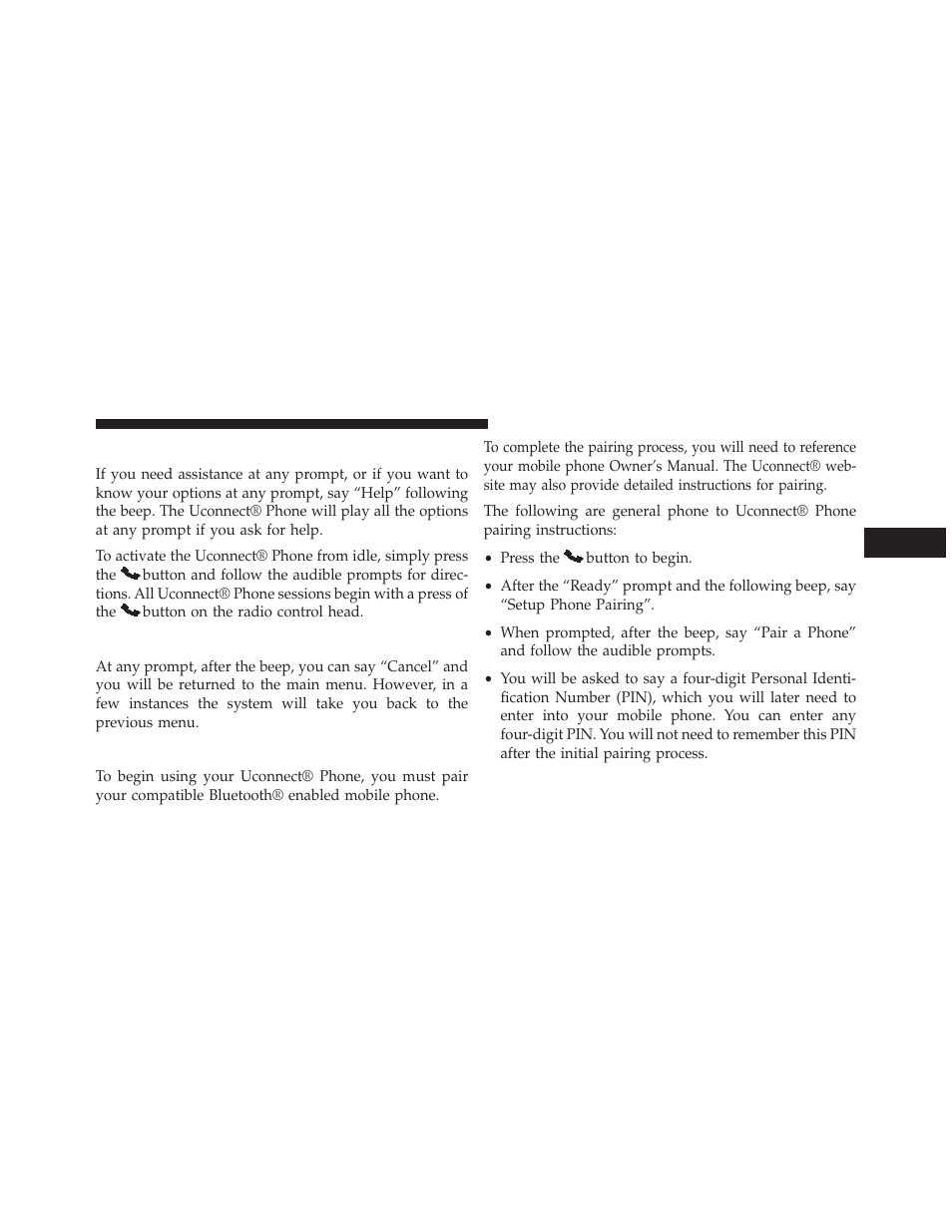 Help command, Cancel command, Pair (link) uconnect® phone to a mobile phone | Pair (link) uconnect® phone to a mobile, Phone | Jeep 2013 Wrangler - Owner Manual User Manual | Page 121 / 666