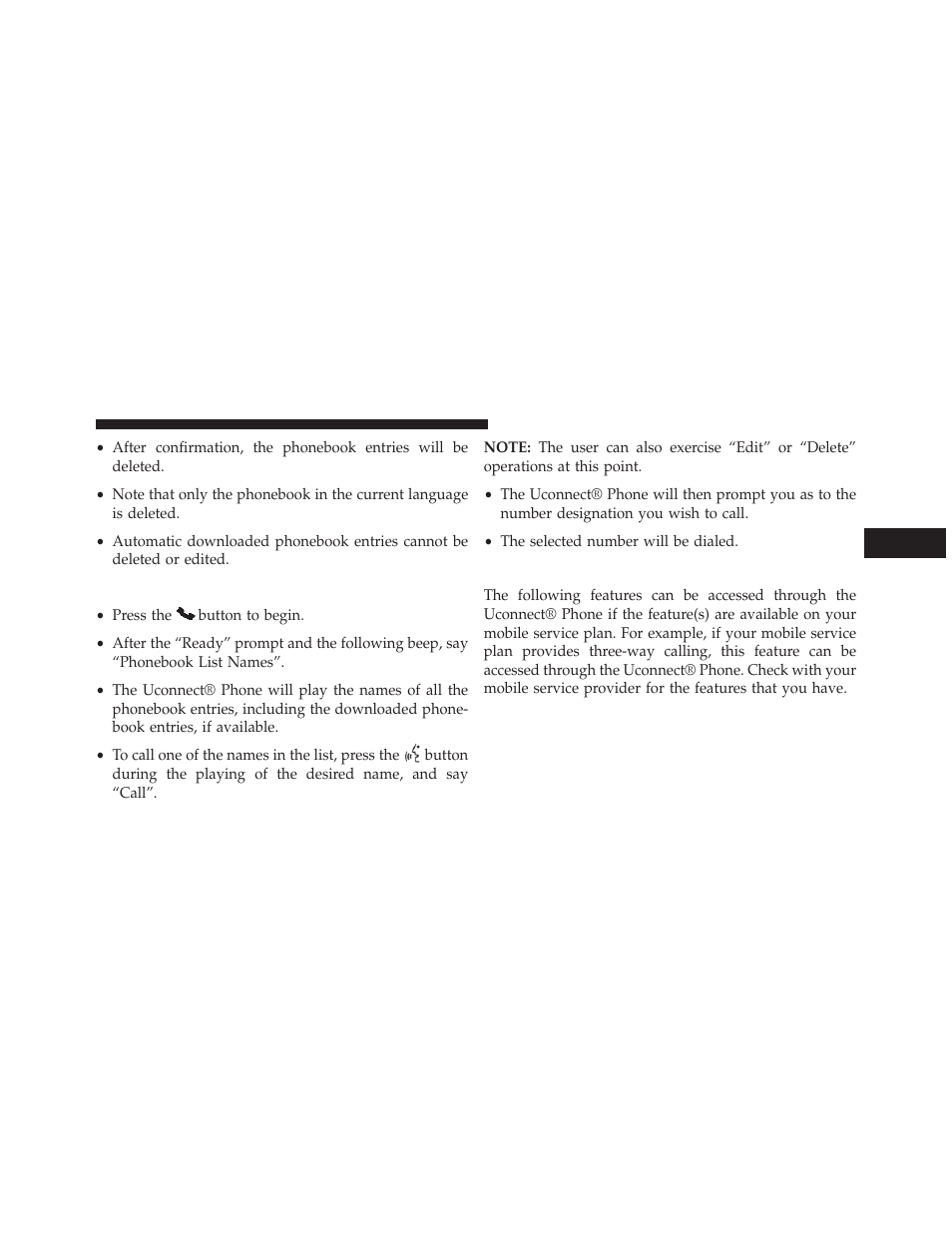 List all names in the uconnect® phonebook, Phone call features | Jeep 2013 Wrangler - Owner Manual User Manual | Page 127 / 666