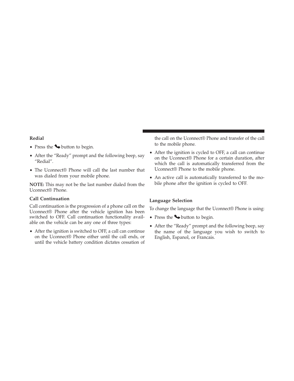 Redial, Call continuation, Uconnect® phone features | Language selection | Jeep 2013 Wrangler - Owner Manual User Manual | Page 130 / 666