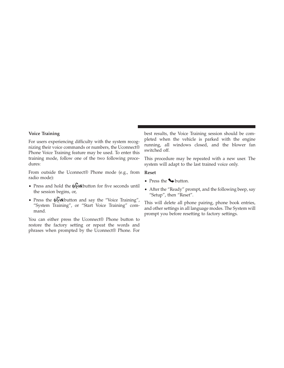 Voice training, Reset | Jeep 2013 Wrangler - Owner Manual User Manual | Page 138 / 666