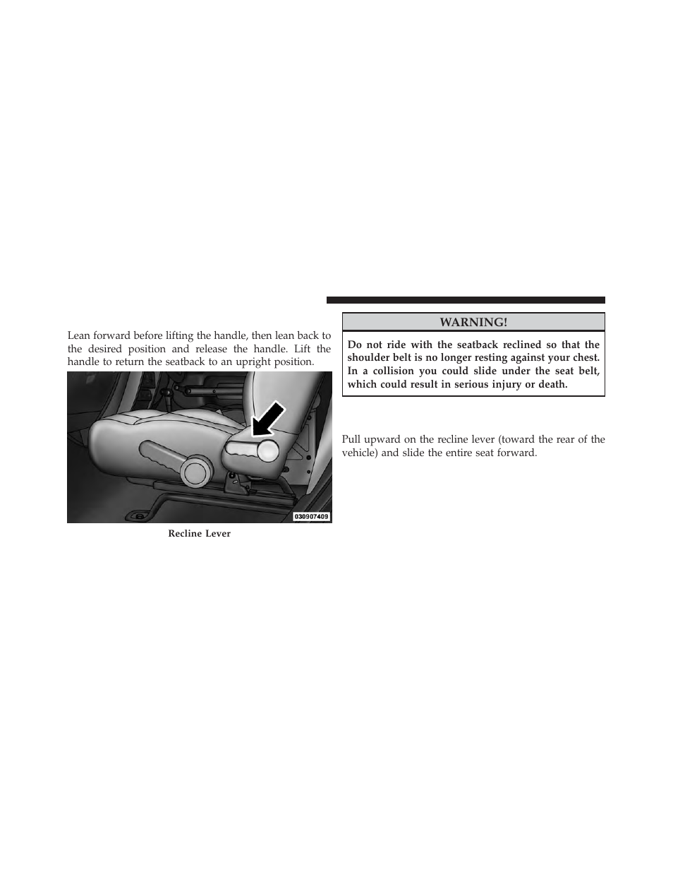 Front seatback recline, Front passenger easy entry seat — two-door models, Front passenger easy entry seat — two-door | Models | Jeep 2013 Wrangler - Owner Manual User Manual | Page 158 / 666