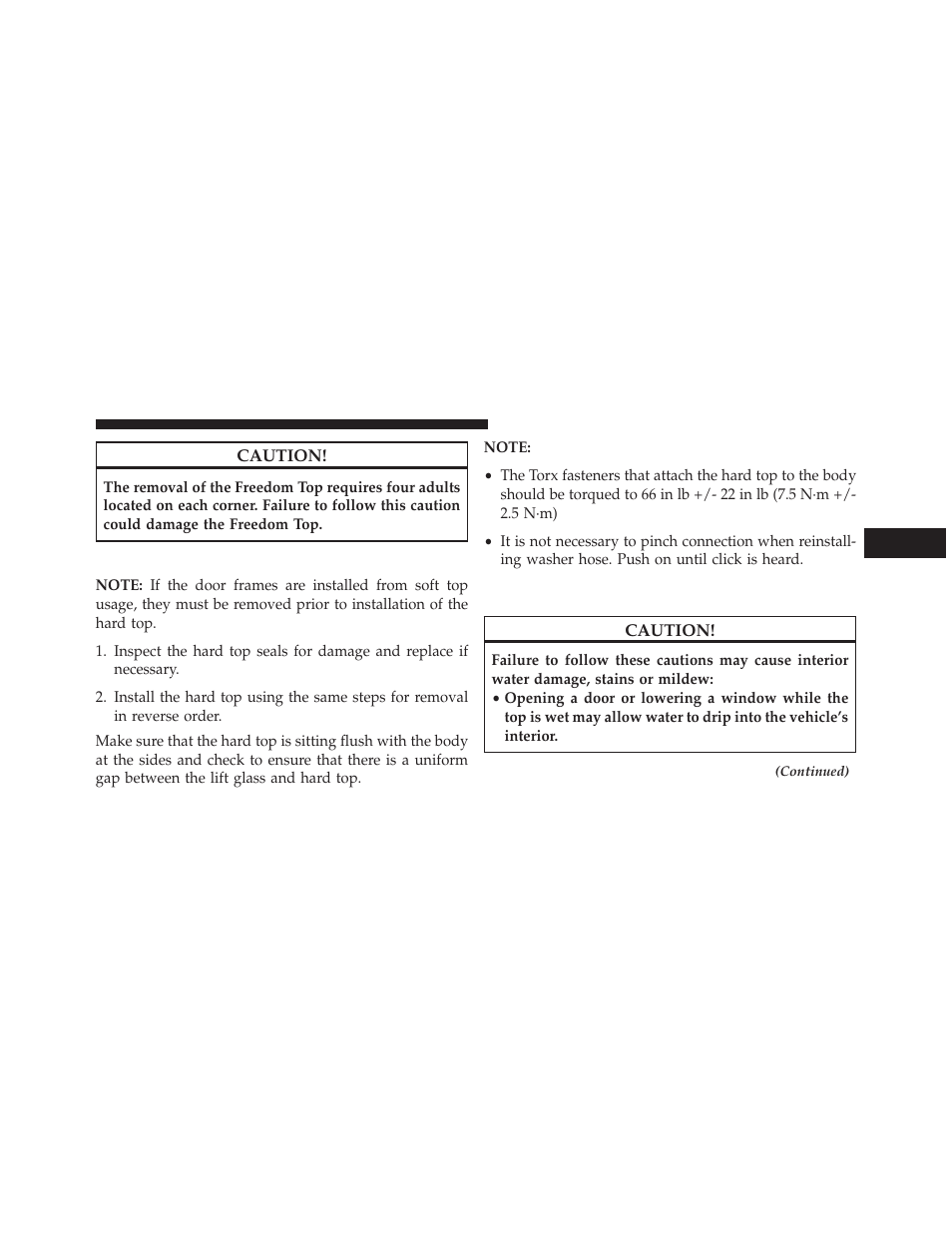 Rear hard top installation, Door frame | Jeep 2013 Wrangler - Owner Manual User Manual | Page 219 / 666