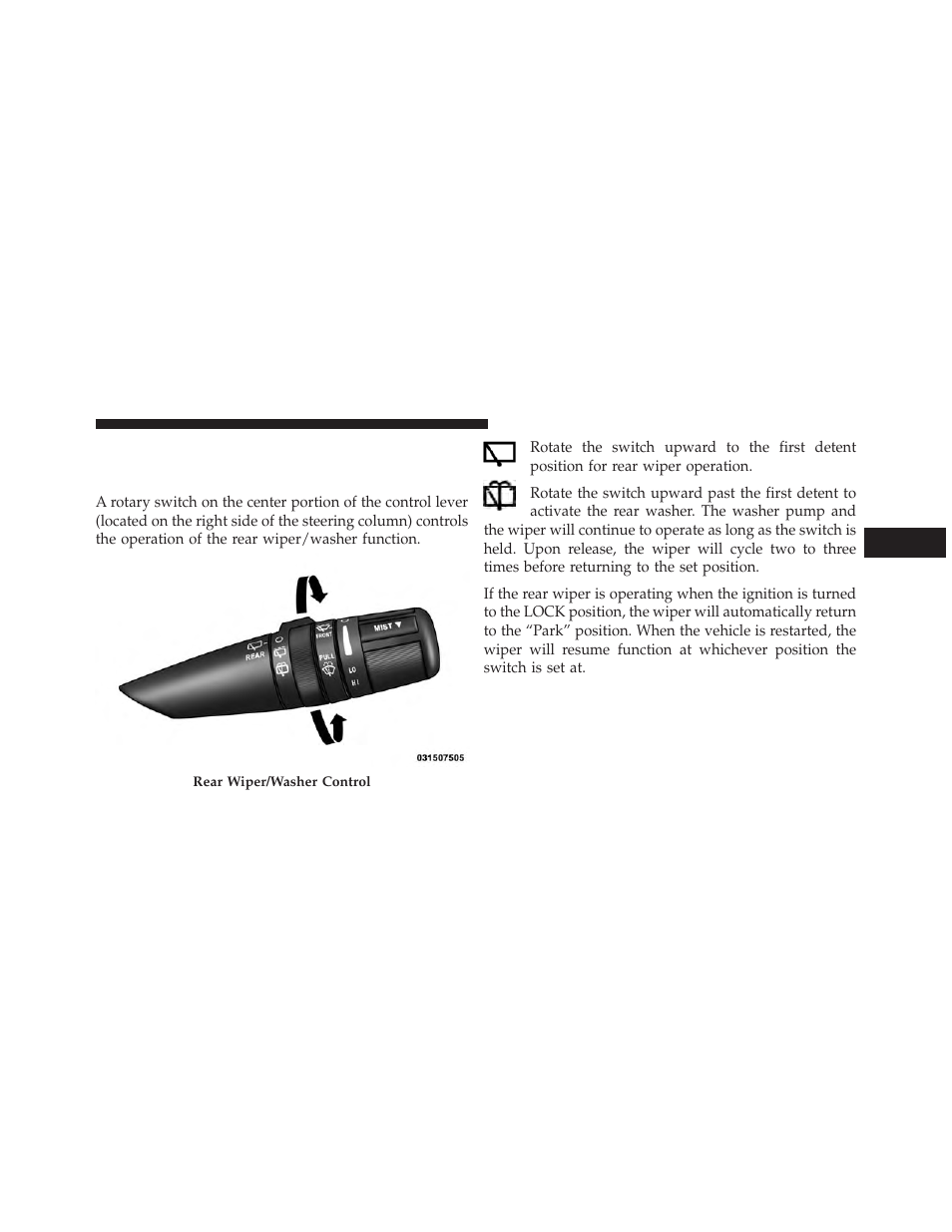 Rear window features — hard top only, Rear window wiper/washer — if equipped, Rear window features — hard | Top only | Jeep 2013 Wrangler - Owner Manual User Manual | Page 299 / 666