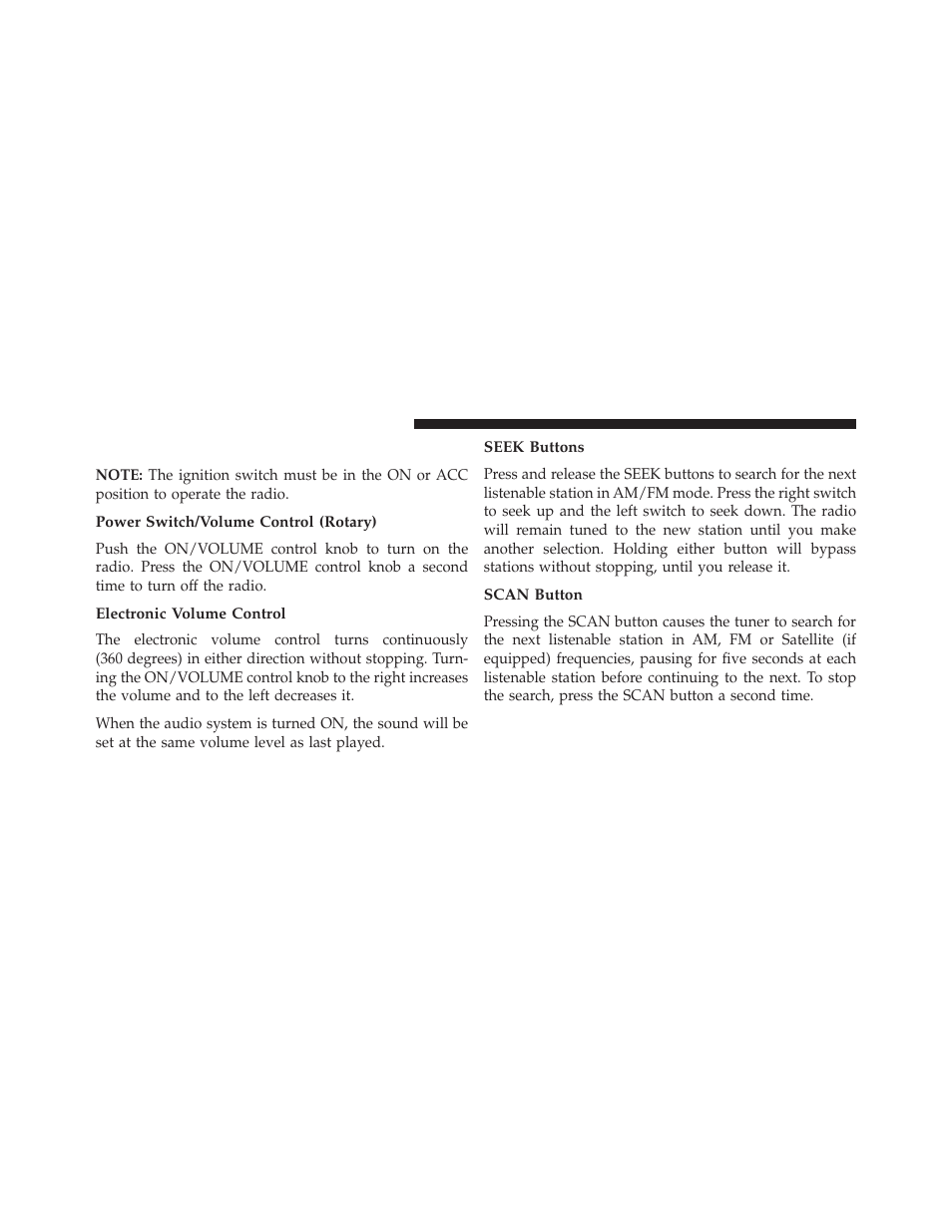 Operating instructions - radio mode, Power switch/volume control (rotary), Electronic volume control | Seek buttons, Scan button | Jeep 2013 Wrangler - Owner Manual User Manual | Page 342 / 666