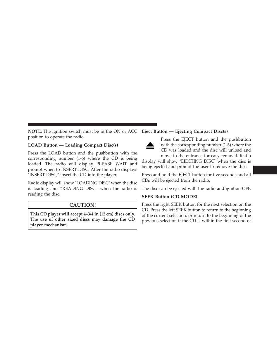 Load button — loading compact disc(s), Eject button — ejecting compact disc(s), Seek button (cd mode) | Jeep 2013 Wrangler - Owner Manual User Manual | Page 351 / 666