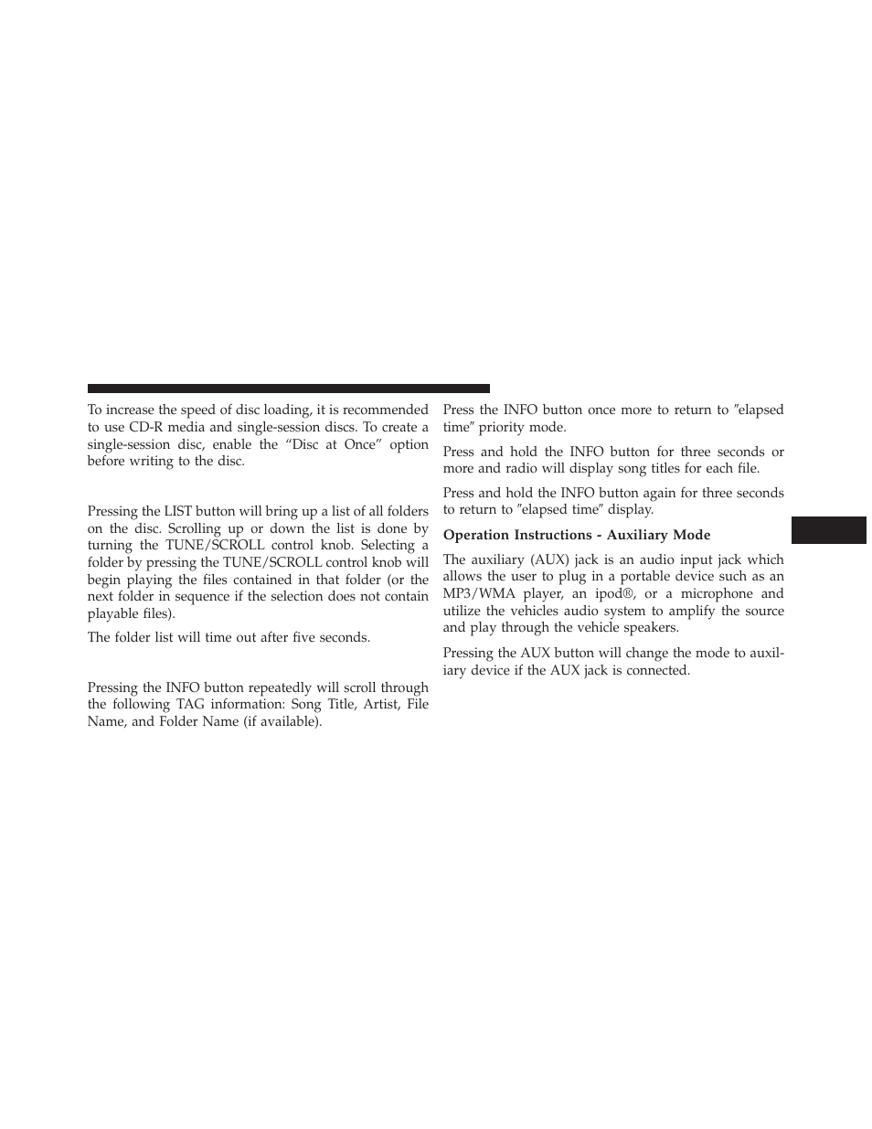 List button (disc mode for mp3/wma play), Info button (disc mode for mp3/wma play), Operation instructions - auxiliary mode | List button (disc mode for mp3, Wma play), Info button (disc mode for mp3 | Jeep 2013 Wrangler - Owner Manual User Manual | Page 355 / 666