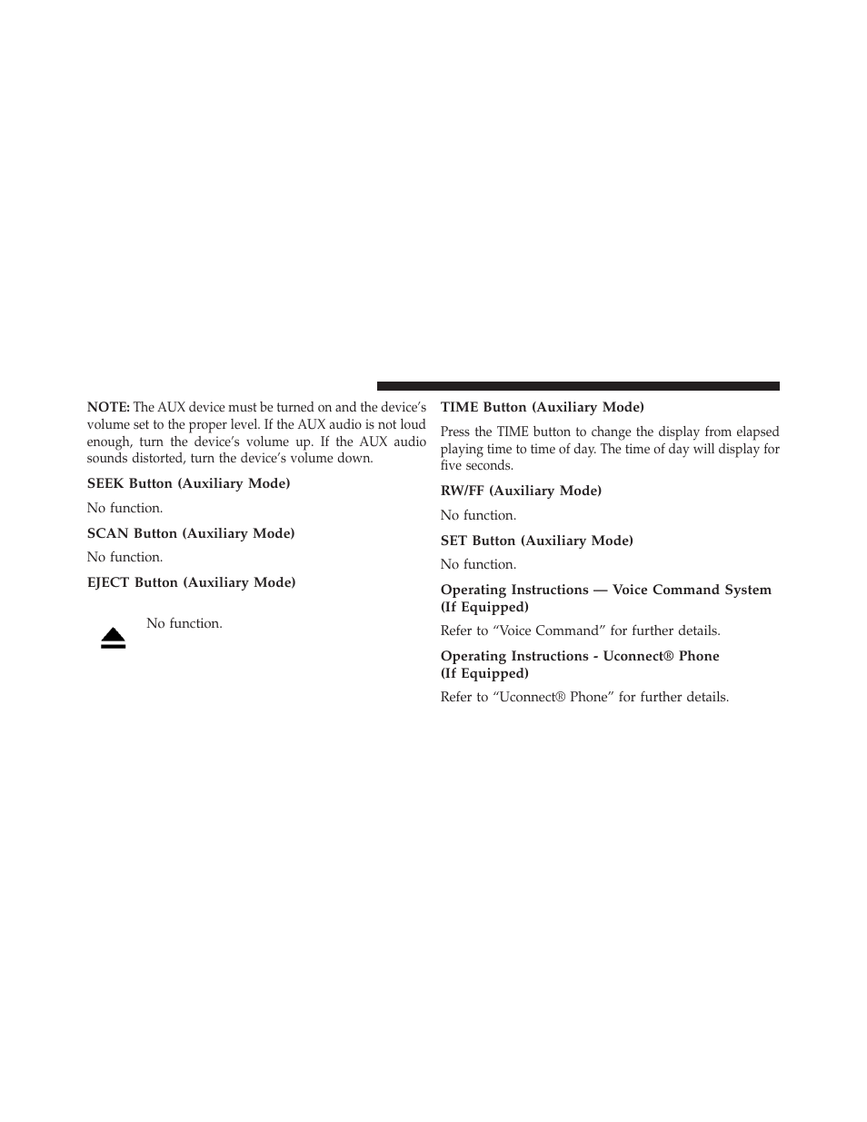 Seek button (auxiliary mode), Scan button (auxiliary mode), Eject button (auxiliary mode) | Time button (auxiliary mode), Rw/ff (auxiliary mode), Set button (auxiliary mode) | Jeep 2013 Wrangler - Owner Manual User Manual | Page 356 / 666