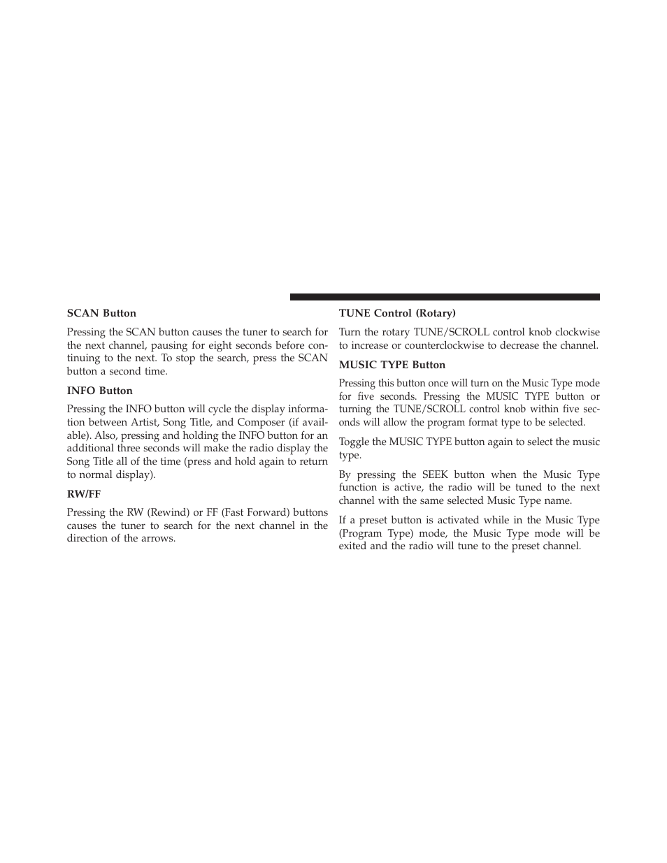 Scan button, Info button, Rw/ff | Tune control (rotary), Music type button | Jeep 2013 Wrangler - Owner Manual User Manual | Page 360 / 666