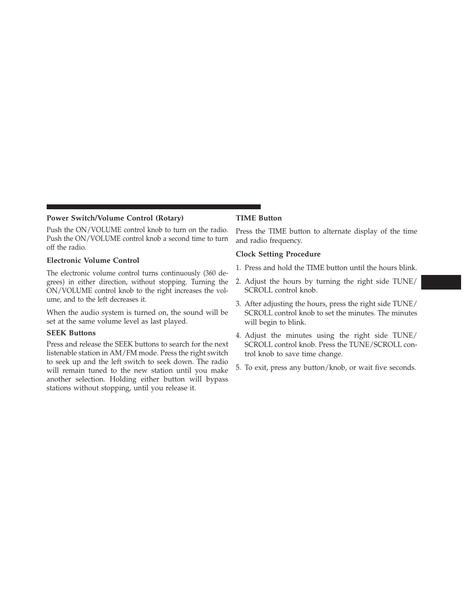 Power switch/volume control (rotary), Electronic volume control, Seek buttons | Time button, Clock setting procedure | Jeep 2013 Wrangler - Owner Manual User Manual | Page 363 / 666