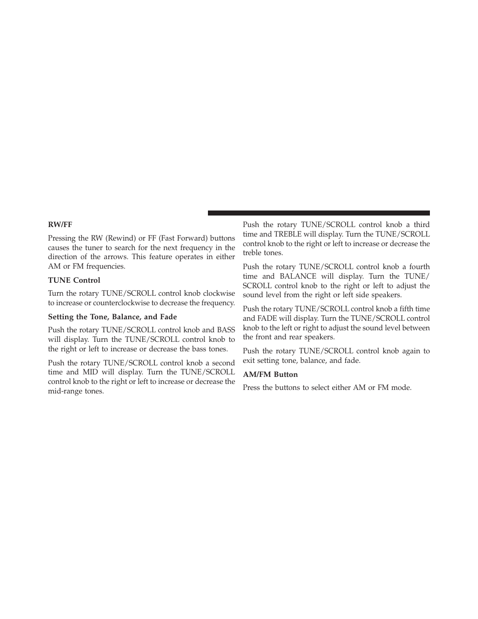 Rw/ff, Tune control, Setting the tone, balance, and fade | Am/fm button | Jeep 2013 Wrangler - Owner Manual User Manual | Page 364 / 666