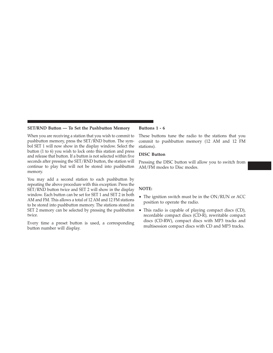 Set/rnd button — to set the pushbutton memory, Buttons 1 - 6, Disc button | Operation instructions — cd mode for, Cd and mp3 audio play | Jeep 2013 Wrangler - Owner Manual User Manual | Page 365 / 666