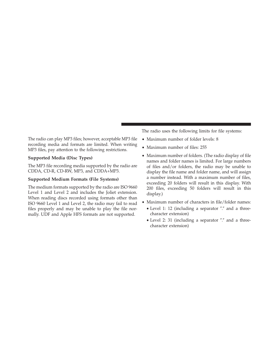 Notes on playing mp3 files, Supported media (disc types), Supported medium formats (file systems) | Jeep 2013 Wrangler - Owner Manual User Manual | Page 368 / 666