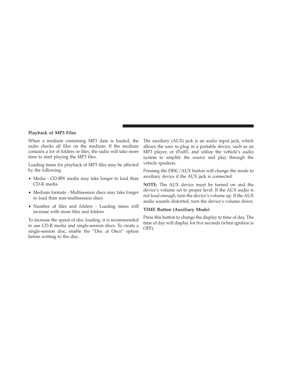 Playback of mp3 files, Operation instructions - auxiliary mode, Time button (auxiliary mode) | Jeep 2013 Wrangler - Owner Manual User Manual | Page 370 / 666