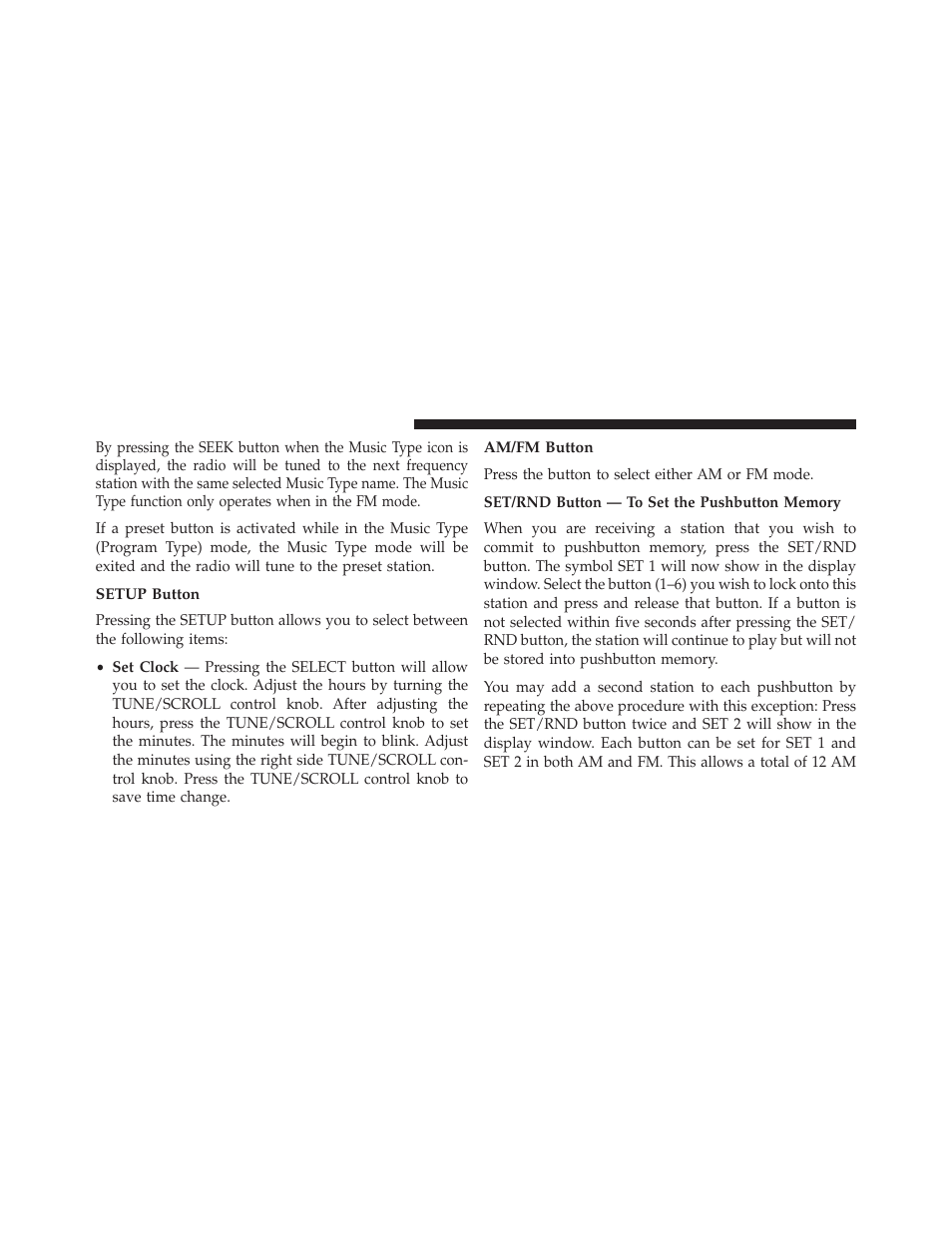 Setup button, Am/fm button, Set/rnd button — to set the pushbutton memory | Jeep 2013 Wrangler - Owner Manual User Manual | Page 376 / 666