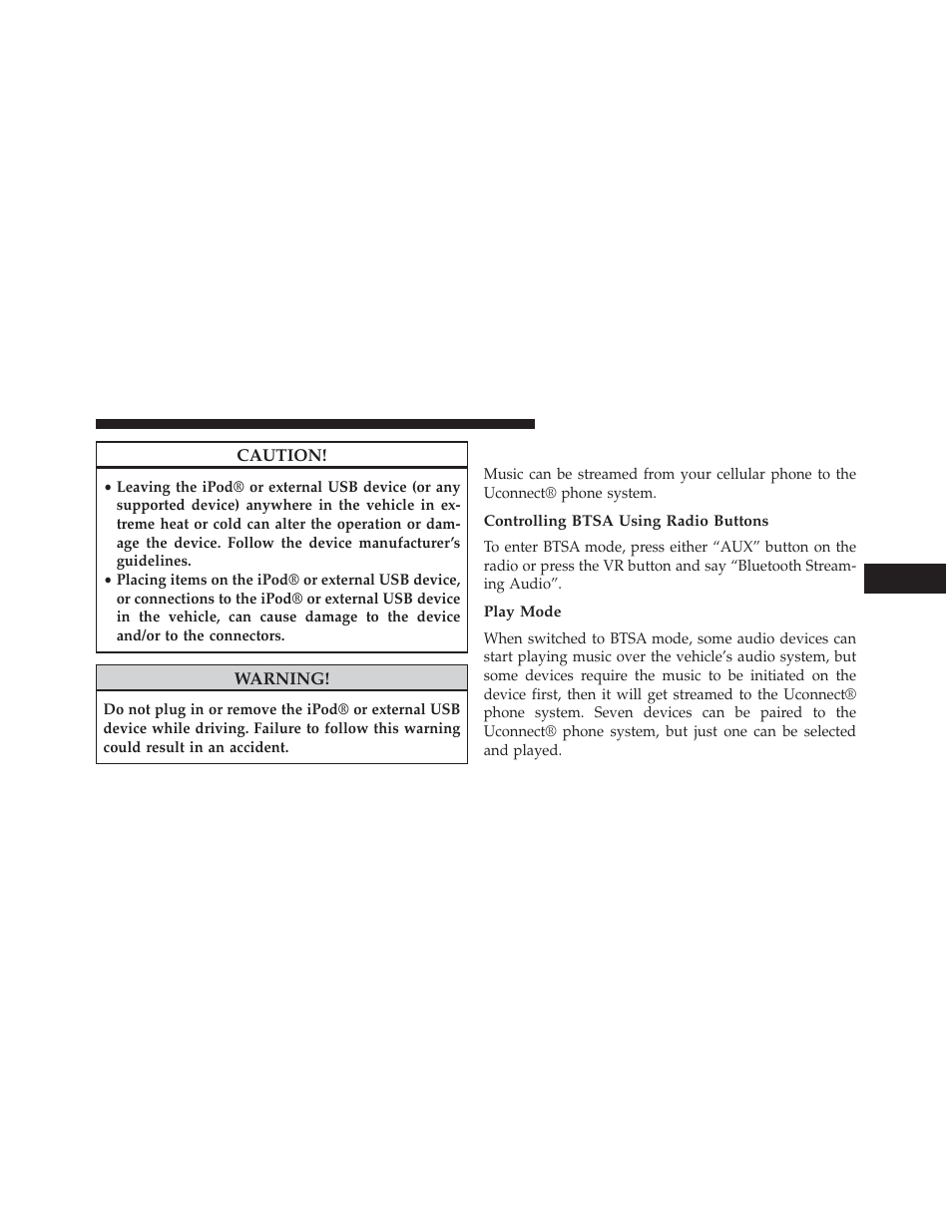 Bluetooth streaming audio (btsa), Controlling btsa using radio buttons, Play mode | Jeep 2013 Wrangler - Owner Manual User Manual | Page 393 / 666