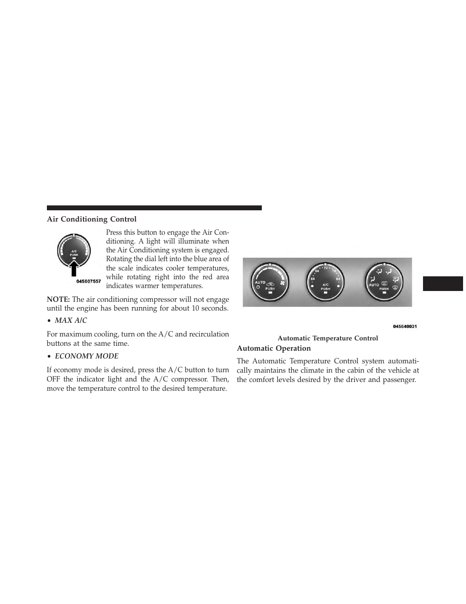 Air conditioning control, Automatic temperature control (atc) — if equipped, Automatic operation | Automatic temperature control (atc) — if, Equipped | Jeep 2013 Wrangler - Owner Manual User Manual | Page 401 / 666