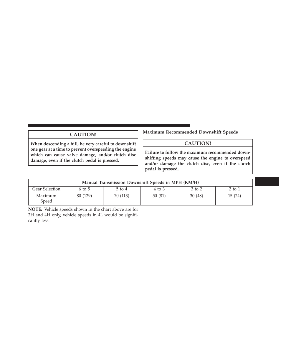 Maximum recommended downshift speeds | Jeep 2013 Wrangler - Owner Manual User Manual | Page 423 / 666