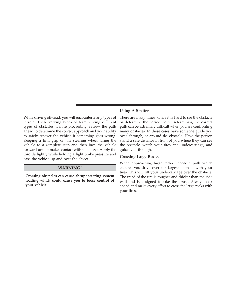 Crossing obstacles (rocks and other high points), Using a spotter, Crossing large rocks | Crossing obstacles (rocks and other, High points) | Jeep 2013 Wrangler - Owner Manual User Manual | Page 448 / 666