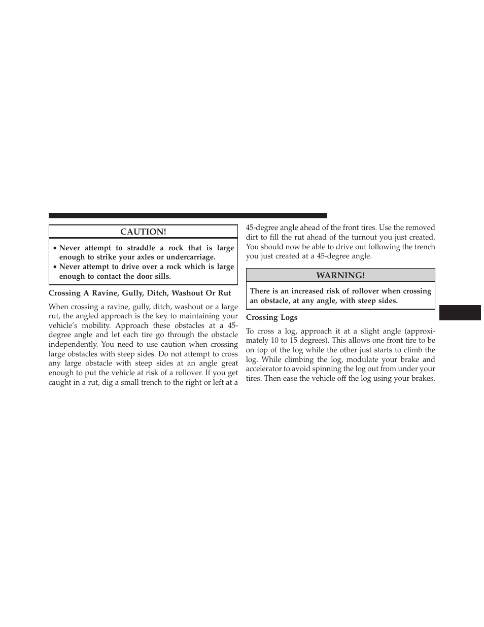 Crossing a ravine, gully, ditch, washout or rut, Crossing logs | Jeep 2013 Wrangler - Owner Manual User Manual | Page 449 / 666