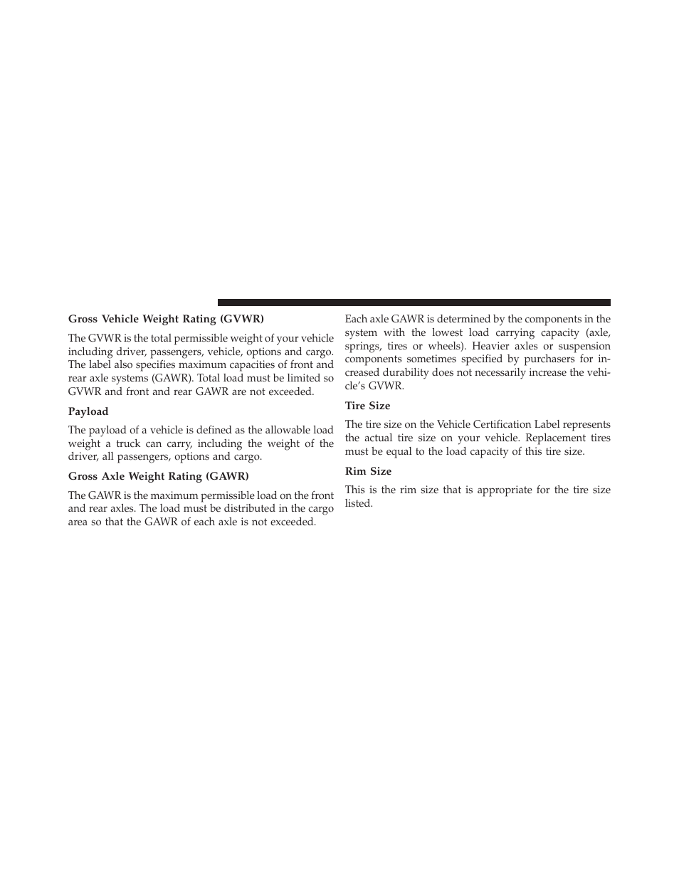Gross vehicle weight rating (gvwr), Payload, Gross axle weight rating (gawr) | Tire size, Rim size | Jeep 2013 Wrangler - Owner Manual User Manual | Page 522 / 666