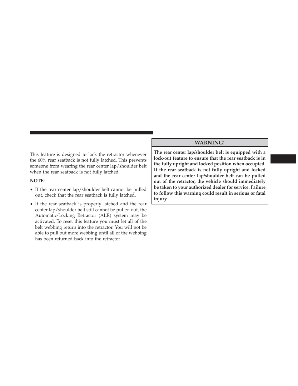 Rear center lap/shoulder belt retractor, Lockout — four-door models only | Jeep 2013 Wrangler - Owner Manual User Manual | Page 57 / 666