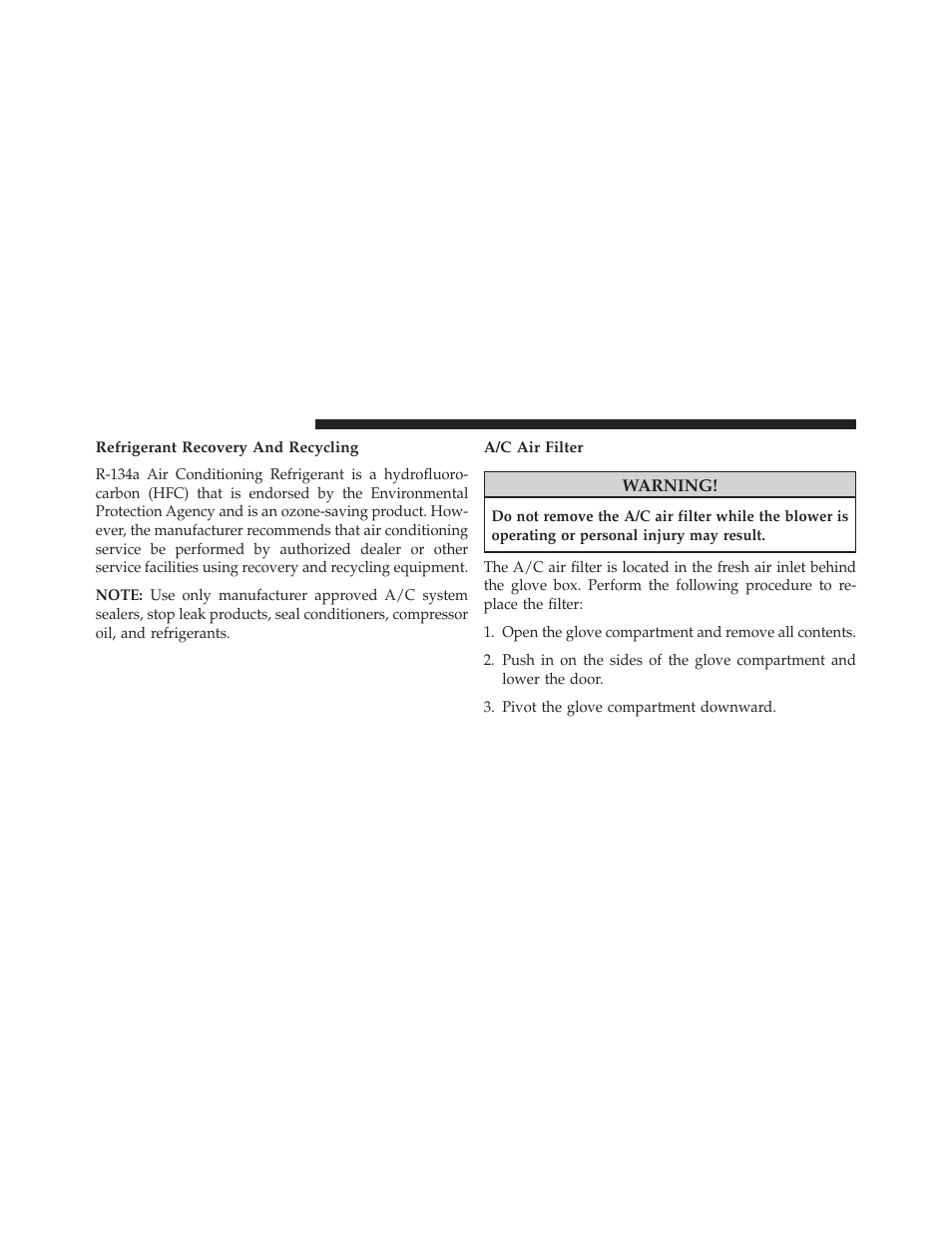 Refrigerant recovery and recycling, A/c air filter | Jeep 2013 Wrangler - Owner Manual User Manual | Page 582 / 666