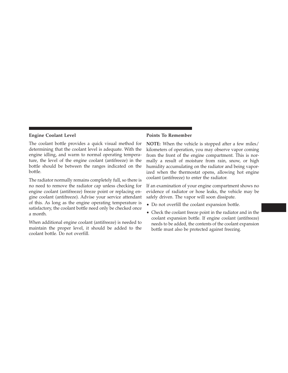 Engine coolant level, Points to remember | Jeep 2013 Wrangler - Owner Manual User Manual | Page 593 / 666