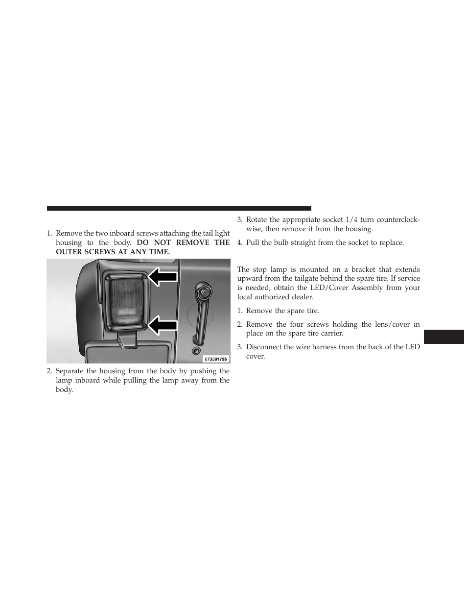 Rear tail, stop, turn signal, and backup lamp, Center high-mounted stop lamp (chmsl), Rear tail, stop, turn signal, and | Backup lamp | Jeep 2013 Wrangler - Owner Manual User Manual | Page 619 / 666