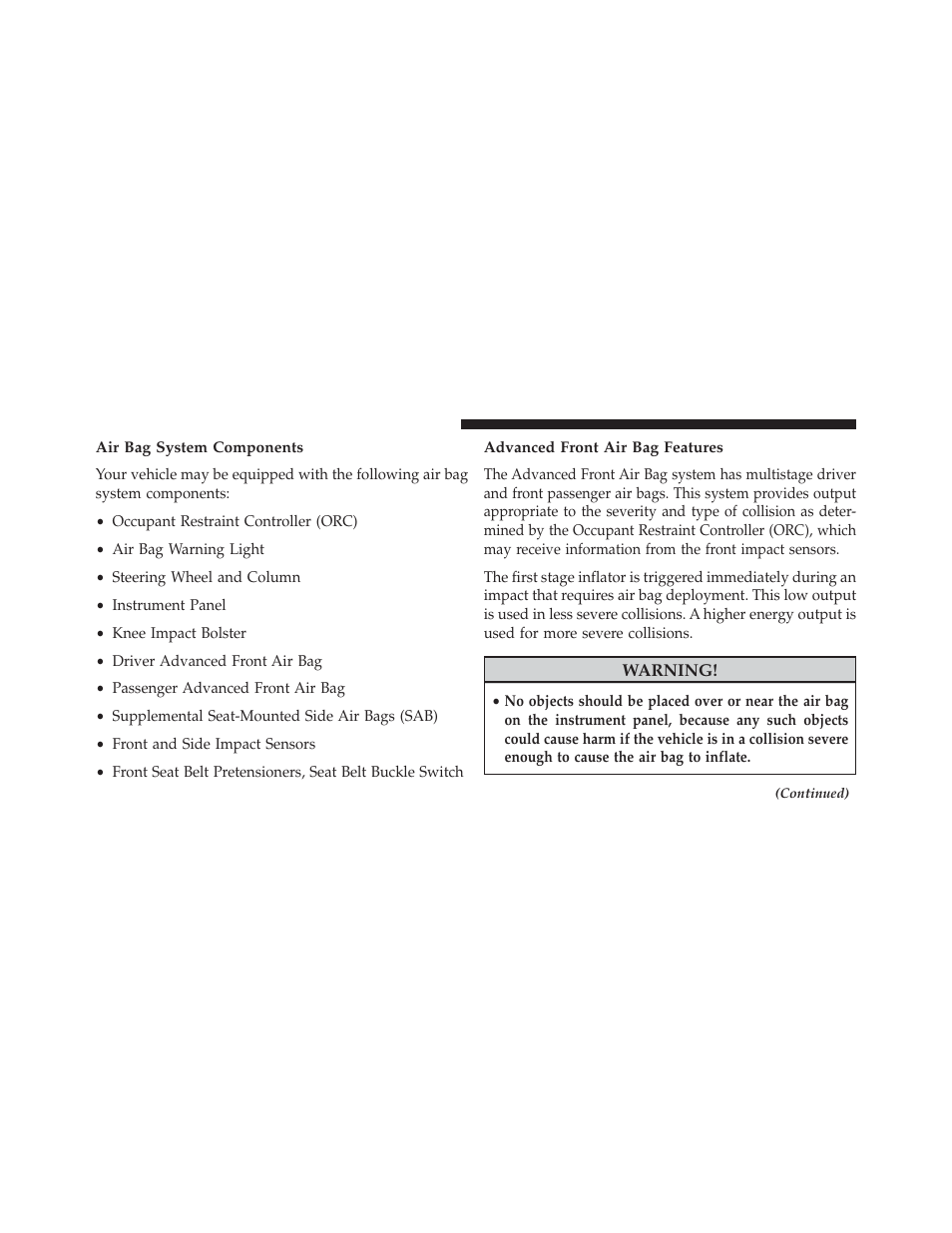 Air bag system components, Advanced front air bag features | Jeep 2013 Wrangler - Owner Manual User Manual | Page 66 / 666