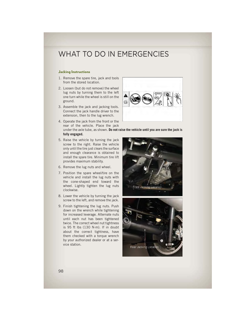 Jacking instructions, What to do in emergencies | Jeep 2013 Wrangler - User Guide User Manual | Page 100 / 132