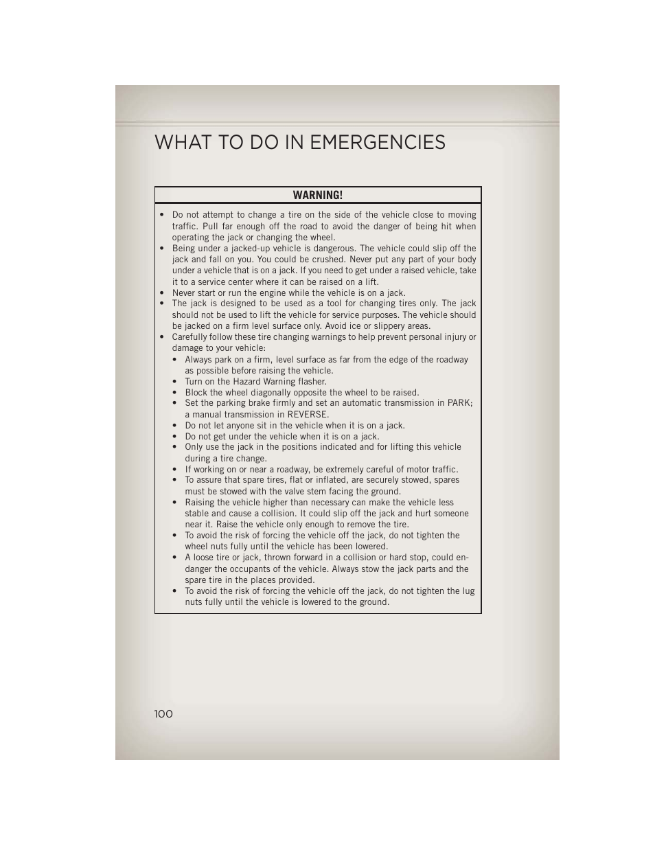 What to do in emergencies | Jeep 2013 Wrangler - User Guide User Manual | Page 102 / 132