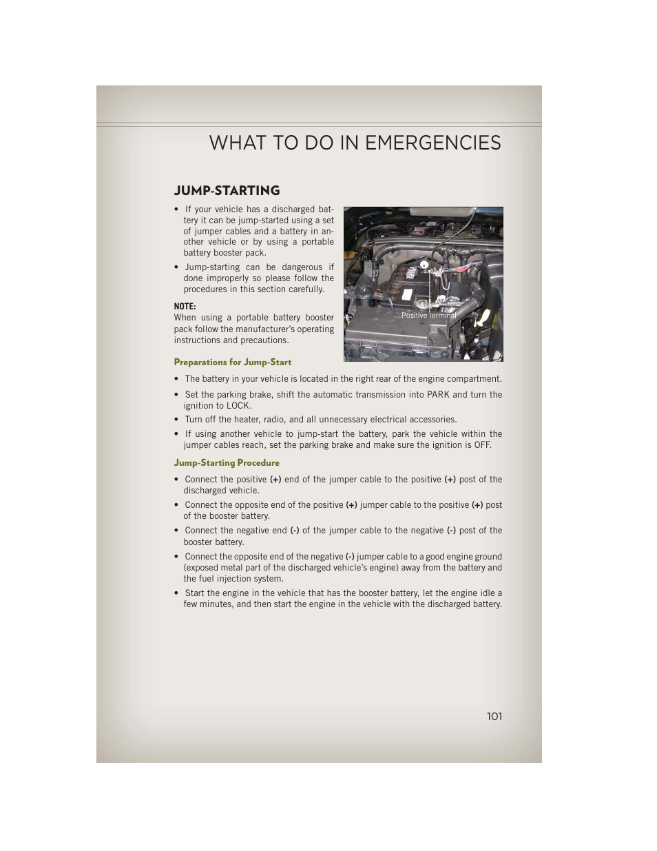 Jump-starting, Preparations for jump-start, Jump-starting procedure | What to do in emergencies | Jeep 2013 Wrangler - User Guide User Manual | Page 103 / 132