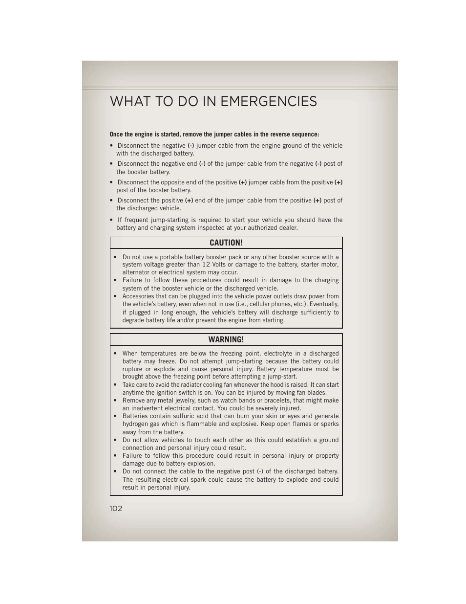 What to do in emergencies | Jeep 2013 Wrangler - User Guide User Manual | Page 104 / 132