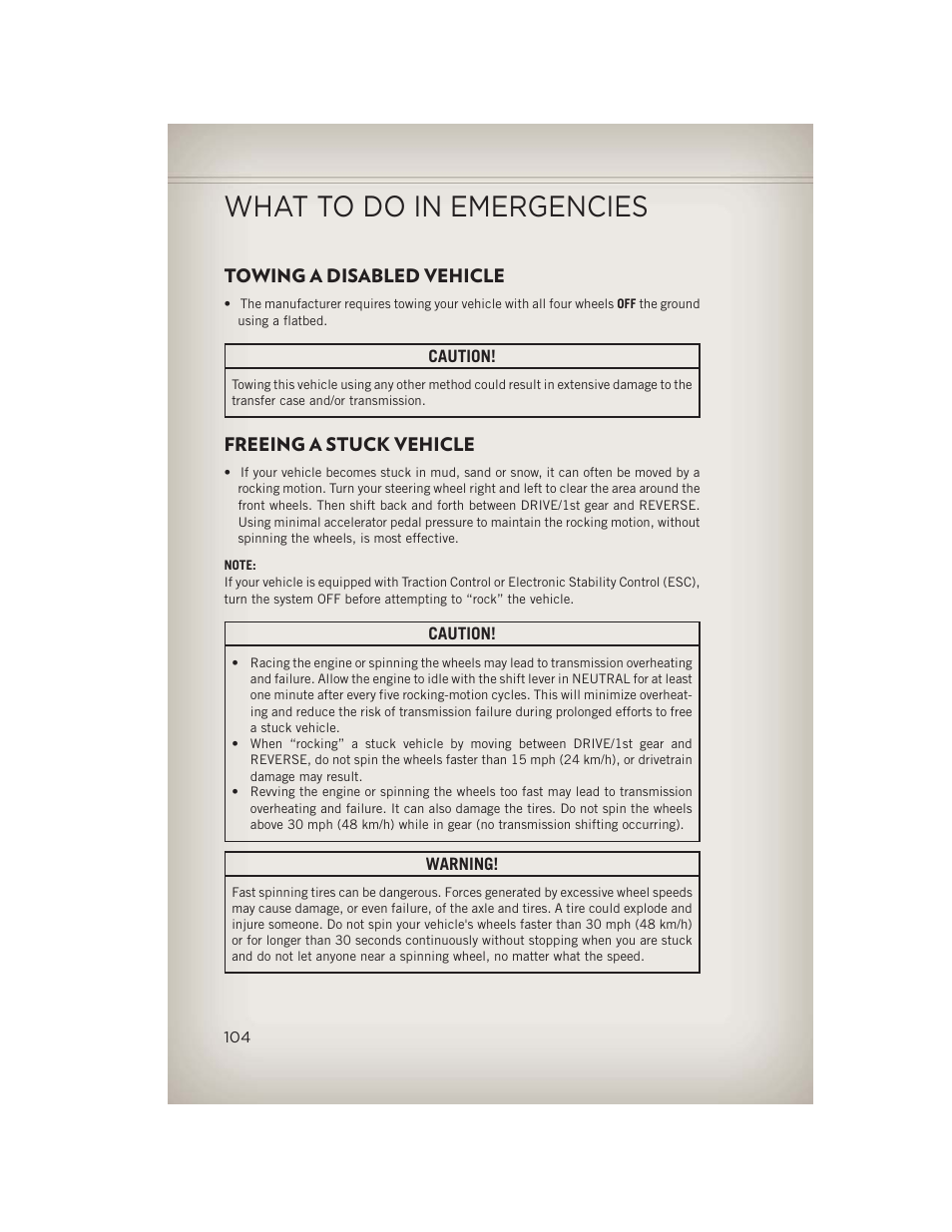 Towing a disabled vehicle, Freeing a stuck vehicle, What to do in emergencies | Jeep 2013 Wrangler - User Guide User Manual | Page 106 / 132