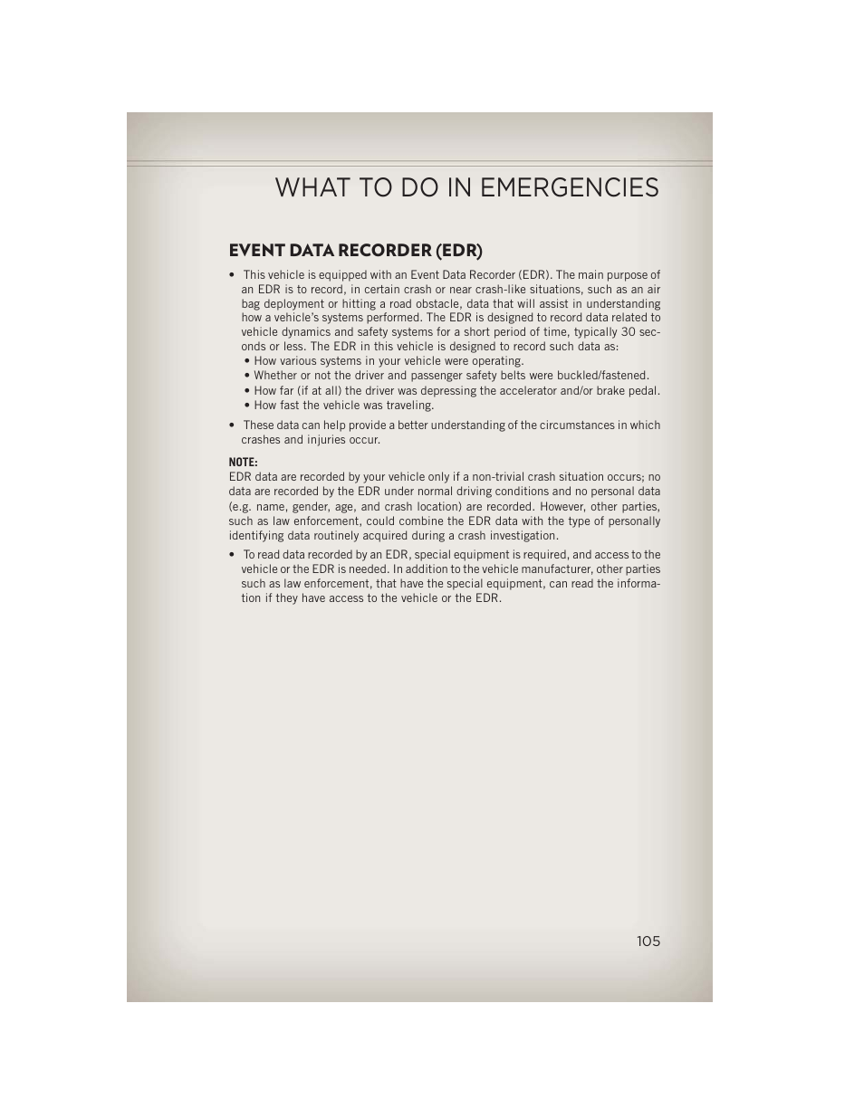Event data recorder (edr), What to do in emergencies | Jeep 2013 Wrangler - User Guide User Manual | Page 107 / 132