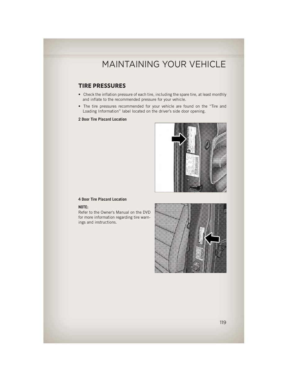 Tire pressures, Maintaining your vehicle | Jeep 2013 Wrangler - User Guide User Manual | Page 121 / 132