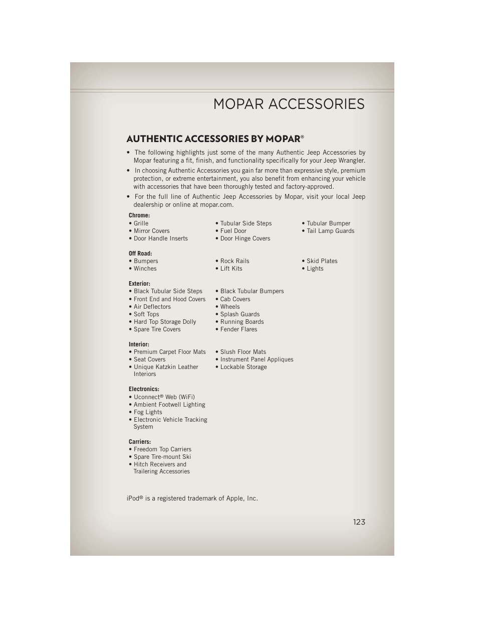 Mopar accessories, Authentic accessories by mopar | Jeep 2013 Wrangler - User Guide User Manual | Page 125 / 132