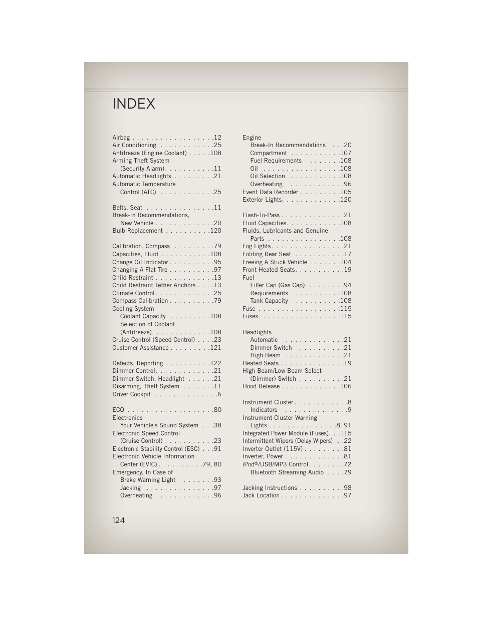Index | Jeep 2013 Wrangler - User Guide User Manual | Page 126 / 132